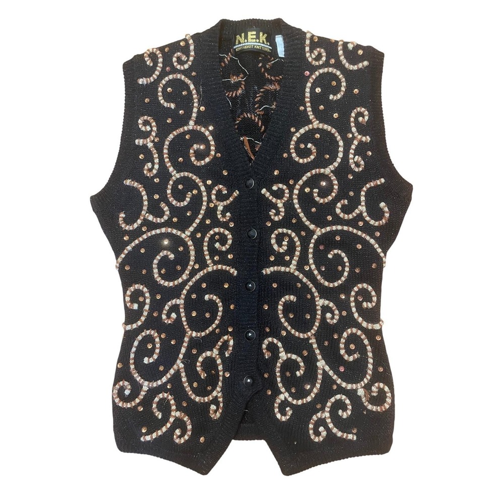 Vintage Knitted‎ Vest Northeast Knitters Black Metallic Sequin Scroll Design